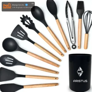 Kit 12 Utensílios De Cozinha Em Silicone Premium Com Cabo De Madeira Resistentes Ao Calor Até 220°c, Antiaderentes, Duráveis E Modernos Cor Preto - Imagem 1