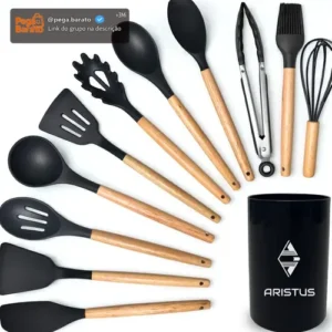 Kit 12 Utensílios De Cozinha Em Silicone Premium Com Cabo De Madeira Resistentes Ao Calor Até 220°c, Antiaderentes, Duráveis E Modernos Cor Preto - Imagem 1