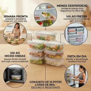 Kit 10 Potes 750ml com Tampa Trava Plástico Transparente para Mantimentos e Alimentos Marmita Organizador de Cozinha Geladeira e Freezer Jogo de Potes para Organização Ponte Lar Utilidades - Imagem 8