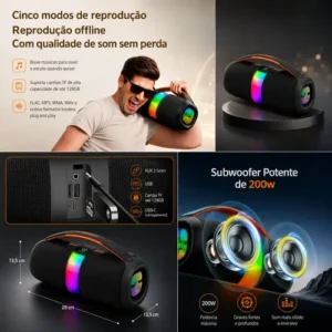 Caixa De Som 200w Bluetooth Graves Potentes Bass Boost Alto - Imagem 6