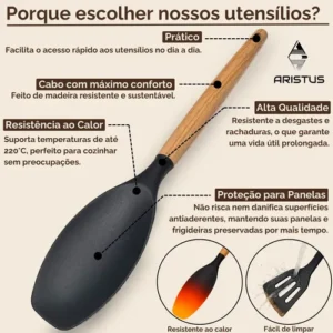 Kit C/12 Utensílios De Cozinha Silicone Cabo Madeira - Imagem 8
