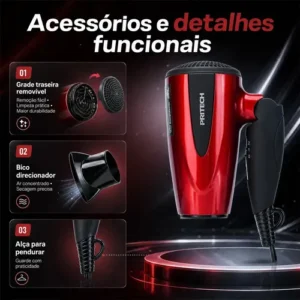 Secador de Cabelo Pritech Profissional Portátil 1200W Com Ar Frio para Viagem e Cabelos Cacheados - Imagem 7