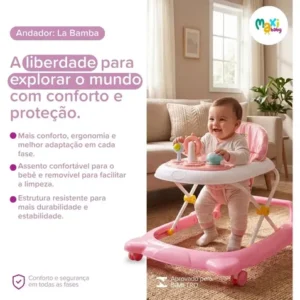 Andador Infantil Musical Para Bebê Empurrador Compacto 3 Ajustes de Altura La Bamba Maxi Baby - Rosa - Imagem 3
