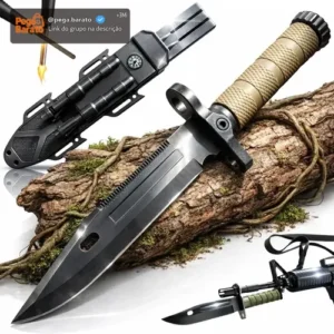 Faca Tática Sobrevivência Amolador Pederneira Apito Bainha Verde Militar Preto Outdoor Lâmina Serrilhada Trilha Pesca Caça Camping Aventura Corte Preciso Resistência Alta Durabilidade Uso Profissional - Imagem 1