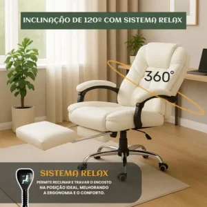 Cadeira De Escritório Itália Presidente Ergonômica Couro Sintético Encosto Ajustável Com Trava E Apoio Para Pés Cor Branca Luvinco - Imagem 3