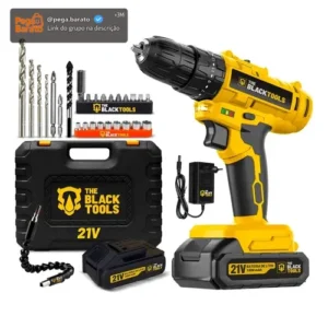 Parafusadeira Furadeira De Impacto A Bateria 21V 3/8” Bivolt 1400 Rpm Com Acessórios E Maleta TB-21PZW The Black Tools - Imagem 1