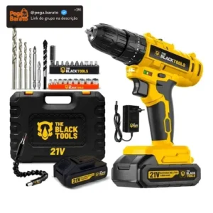 Parafusadeira Furadeira De Impacto A Bateria 21V 3/8” Bivolt 1400 Rpm Com Acessórios E Maleta TB-21PZW The Black Tools - Imagem 1