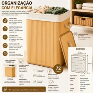 Cesto Organizador De Roupa Bambu Dobrável Retangular Com Tampa Forro e Alças 72 Litros Grande Capacidade Reforçado Caixa Organizadora para Brinquedos - Marca Camperluz - Imagem 6