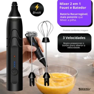 Mixer Elétrico Portátil 2 em 1 Recarregável Potente Misturador de Bebidas e Ovos 3 Velocidades Usb Batedor e Fue Fouet Marca Woosh - Imagem 5
