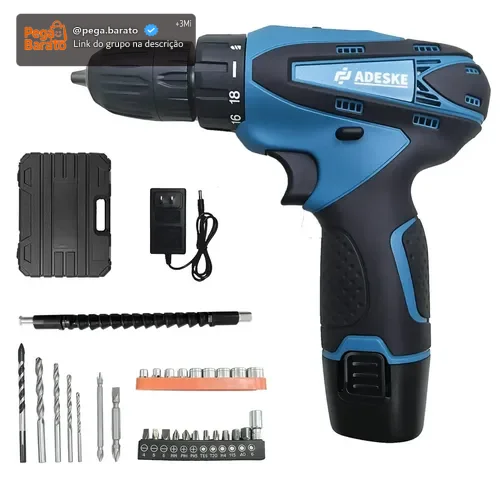 Parafusadeira Furadeira Adeske 12V Sem Fio Azul Com Kit de Acessórios