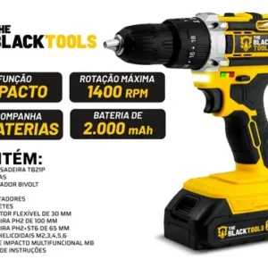 Parafusadeira Furadeira De Impacto The Black Tools Profissional TB-21PX 2 Baterias Com Maleta 60Hz Amarelo - Imagem 3