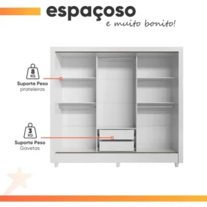 Guarda Roupas Casal 3 Portas Correr 2 Gavetas França Andirá Branco - Imagem 5