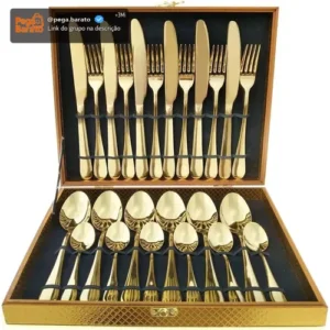 Kit 24 Talheres Luxo Premium Faqueiro Dourado Com Maleta - Imagem 1