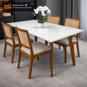 Mesa Jantar Bella Off White Mdf Com Pés De Madeira Moderna - Imagem 1