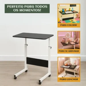 Mesa Lateral Ergonômica Multiuso Com Altura Regulavel E Rodinhas Mesinha Notebook Laptop Cama Sofá Ajustavel Cor preto Luvinco - Imagem 4
