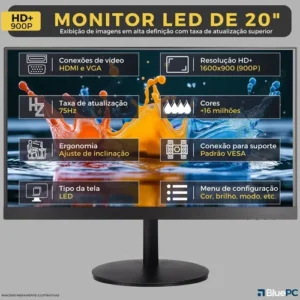 Computador Completo Top Intel Core i5 4570, 8GB RAM, SSD 256GB, Bivolt, Monitor 20" LED 75hz, Preto - BluePC CD2E-0110TO - Imagem 3