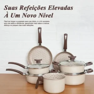Jogo De Panelas 10 Peças Antiaderente Teflon ivory – Linha Familiar Para Cozinha Completa, Ideal Para Fritura, Arroz, Vapor – Alumínio Com Tampa De Vidro – Fogão Gás Elétrico - Imagem 5
