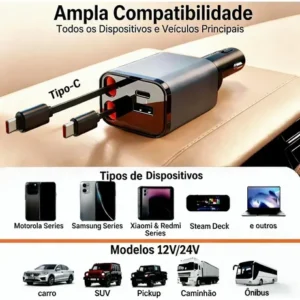 Carregador Turbo De Carro Retratil 4 Em 1 Com 2 Cabos Type-c - Imagem 6