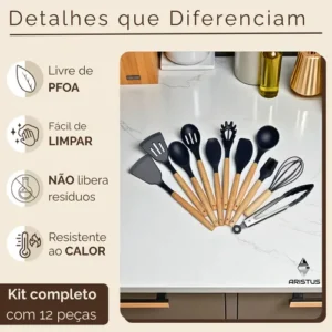 Kit C/12 Utensílios De Cozinha Silicone Cabo Madeira - Imagem 7