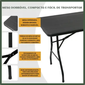 Mesa Dobrável Vira Maleta Com Alça Portátil 1.80m Para Camping Pesca Jardim Área Externa Ou Interna Salão De Festas Gourmet Cor Preto Luvinco - Imagem 4