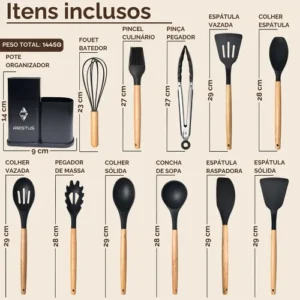 Kit Utensílios Silicone C/ Cabo De Madeira E Facas Em Inox - Imagem 7