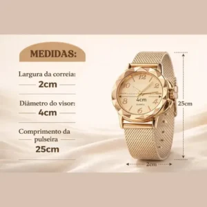 Kit Relógio Feminino Colar Brinco Pulseira Folheado Presente Rose - Imagem 4
