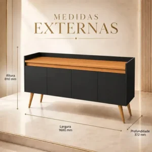 Buffet Aparador Sala De Jantar Móveis Primus Gold 4 Portas Preto Mel 160cm MDP Com Pés Madeira Maciça E Prateleira - Imagem 5