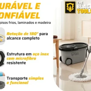 Esfregão Mop 360° Balde Inox Com Rodas Microfibra 16 Litros Cabo Longo Alça Cinza TBBL04 The Black Tools - Imagem 10