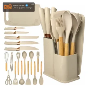 Kit Utensílios Silicone C/ Cabo De Madeira E Facas Em Inox - Imagem 1