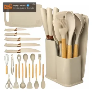 Kit Utensílios Silicone C/ Cabo De Madeira E Facas Em Inox - Imagem 1