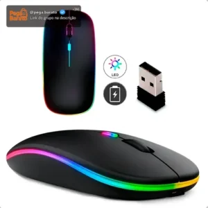Mouse Sem Fio Recarregável Wireless Optico Led Rgb Ergonômico Sem Fio Para Pc Desktop Notebook Tablet Smartphone Homeroarte Preto - Imagem 1