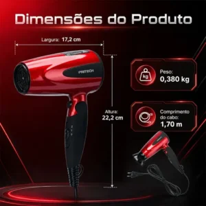 Secador de Cabelo Pritech Profissional Portátil 1200W Com Ar Frio para Viagem e Cabelos Cacheados - Imagem 8