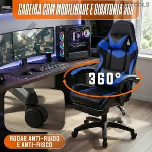 Cadeira Escritório Gamer Ergonômica Reclinável Com Apoio dos Pés Em Couro Azul Led Tools - Imagem 9