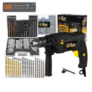 Furadeira De Impacto 13mm 750w Profissional Com Kit Brocas Buchas E Bits 300 Peças The Black Tools - Imagem 1