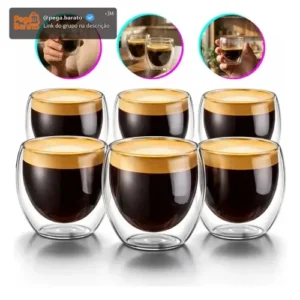 Copos Café Vidro Kit 6 Parede Dupla 90ml Borossilicato Transparente Expresso - Imagem 1