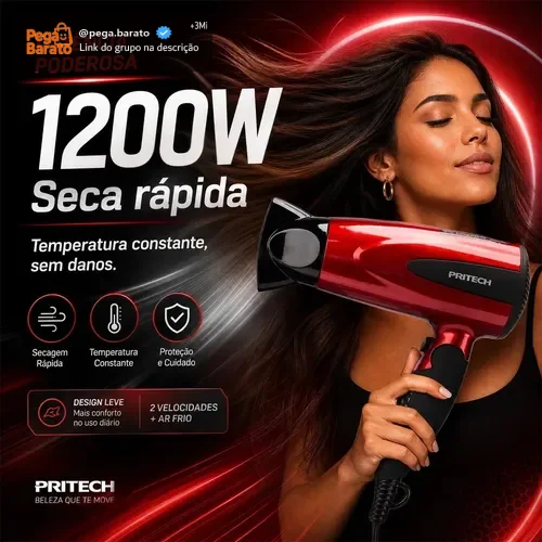 Secador de Cabelo Pritech Profissional Portátil 1200W Com Ar Frio para Viagem e Cabelos Cacheados