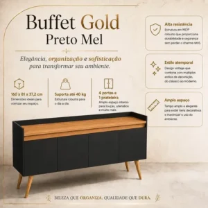 Buffet Aparador Sala De Jantar Móveis Primus Gold 4 Portas Preto Mel 160cm MDP Com Pés Madeira Maciça E Prateleira - Imagem 4