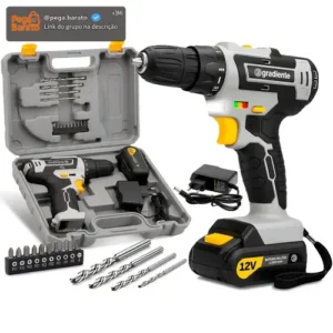 Parafusadeira Furadeira Sem Fio A Bateria 12V 3/8 Pol. 10mm Gradiente Profissional Com Maleta Brocas e Bits - Imagem 1