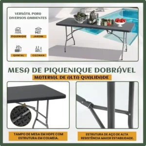 Mesa Dobrável Vira Maleta Com Alça Portátil 1.80m Para Camping Pesca Jardim Área Externa Ou Interna Salão De Festas Gourmet Cor Preto Luvinco - Imagem 3