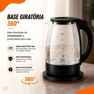 Chaleira Elétrica de Vidro 1,8 Litros Aquecimento Rápido Desligamento Automático Jarra Transparente Resistente Tampa de Fácil Abertura Ideal para Café Chá Leite e Bebidas Quentes Hold On - Imagem 6