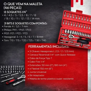 Kit Chaves Ferramentas Jogo Fenda Philips Catraca Soquete Allen 46 Peças com Maleta Completa Manual Ideal Mecânico Manutenção Casa Carro Profissional Resistente Portátil Compacto Marca VLX - Imagem 2