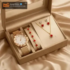 Kit Relógio Feminino Colar Brinco Pulseira Folheado Presente Rose - Imagem 1