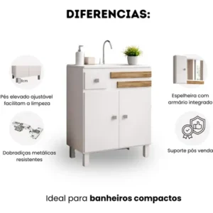 Gabinete Banheiro 60cm Completo Com Cuba E Espelho Monaco - Imagem 3