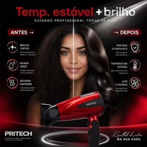 Secador de Cabelo Pritech Profissional Portátil 1200W Com Ar Frio para Viagem e Cabelos Cacheados - Imagem 4