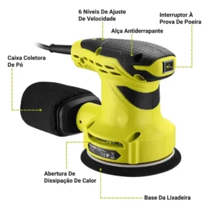 Lixadeira Orbital Elétrica 300w Real Profissional 125mm Com Auto Vácuo Coletor De Pó + 16 Lixas Kit Completo 220v Desoon - Imagem 11