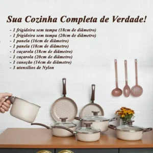 Jogo De Panelas 10 Peças Antiaderente Teflon ivory – Linha Familiar Para Cozinha Completa, Ideal Para Fritura, Arroz, Vapor – Alumínio Com Tampa De Vidro – Fogão Gás Elétrico - Imagem 6