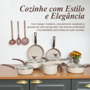 Jogo De Panelas 10 Peças Antiaderente Teflon ivory – Linha Familiar Para Cozinha Completa, Ideal Para Fritura, Arroz, Vapor – Alumínio Com Tampa De Vidro – Fogão Gás Elétrico - Imagem 4