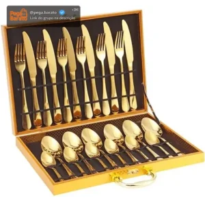 Kit 24 Faqueiro Dourado Talheres Luxo Premium Com Maleta - Imagem 1