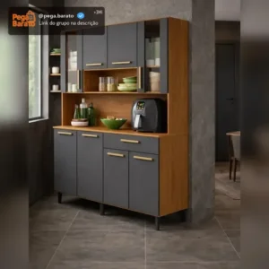 Armário de Cozinha Completo Poliman Inova Freijó/Grafite com 8 Portas e 1 Gaveta em MDP - Imagem 1