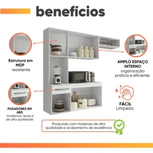 Armário de Cozinha Suspenso Branco 6 Portas Aramóveis com Prateleiras - Imagem 4